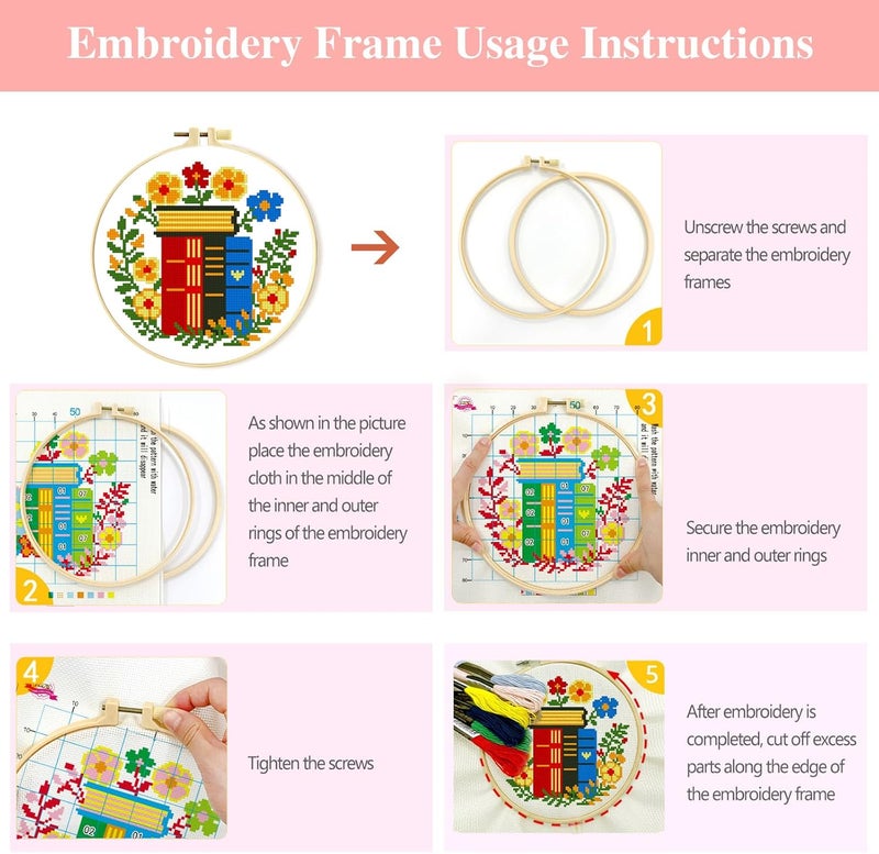 Zhenqing 4 Themes Cross Stitch Kit Set - 11CT 9.45x9.45Inch, Coffee/Books/Cats/Floral Designs, DIY Embroidery Kit with Full Tools (Hoops, Scissors, Tassels) & Guide, Cozy Home Decor Gift(69601) - Image 5
